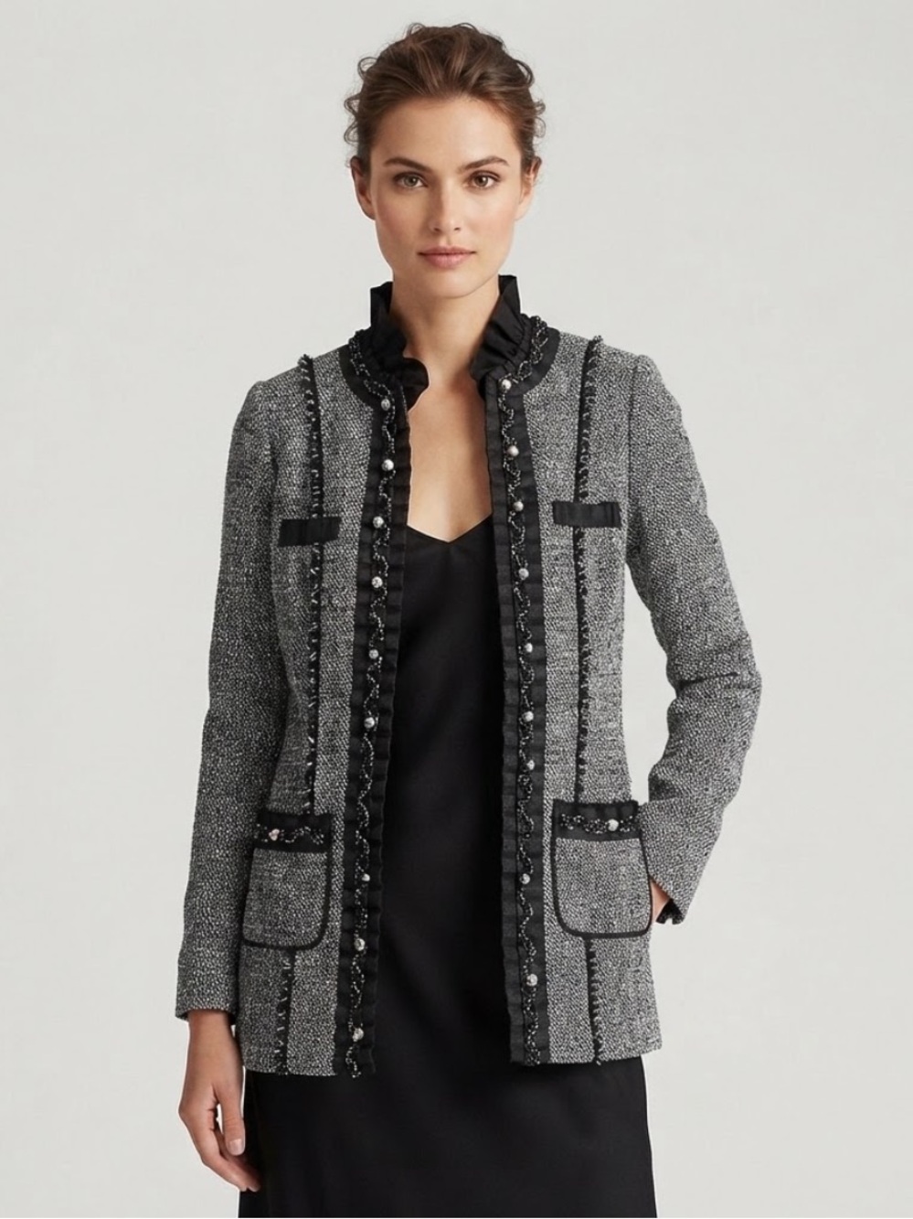 NWT White House Black Market Tweed Ruffle Pearl Trim Blazer Jacket Size 00